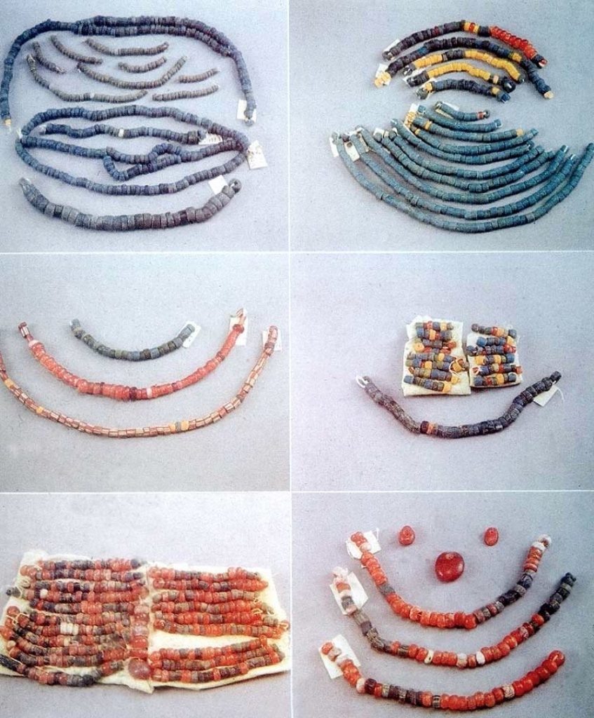 1100 year old glass beads for the anklets or armlets of the body of an elite found in a burial chamber in the family compound of Richard Anozie, present day Igbo Ukwu, Anambra State, Nigeria.