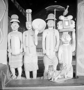 "Igbo ancestral figures in an obi (central house), Ohafia, 1930s. Photo: G.I. Jones"