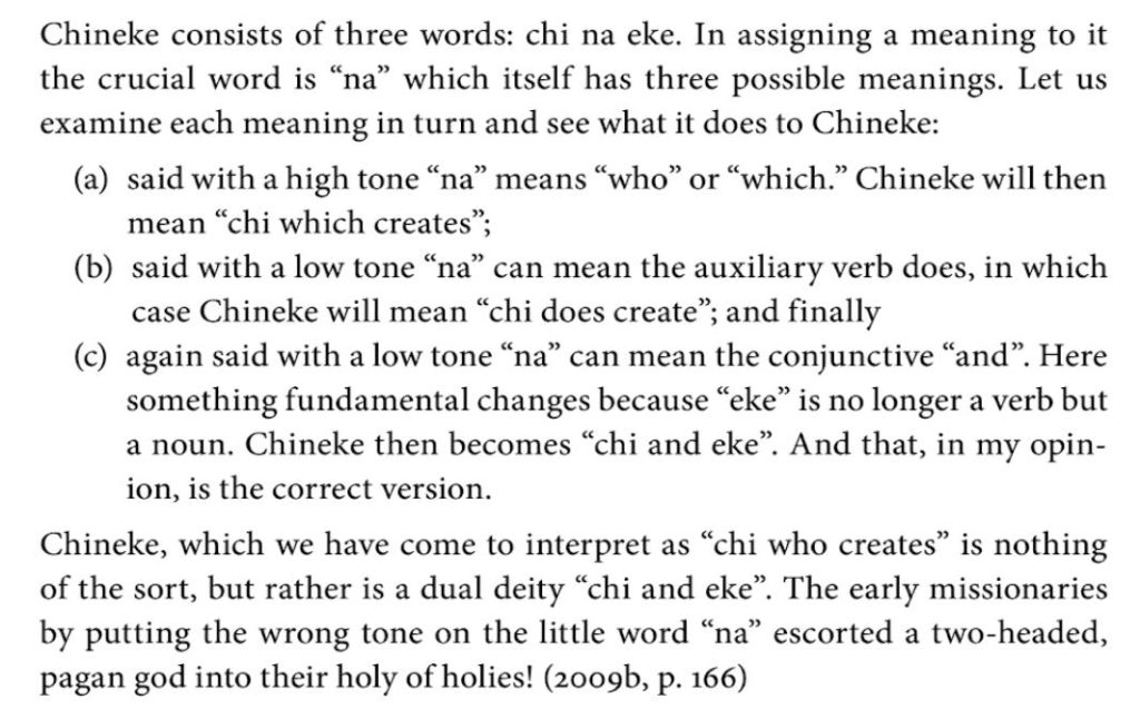 This excerpt, from Achebe's seminal work "Chi in Igbo Cosmology," sheds light on the potential interpretation of "na" within the concept of Chineke.