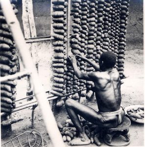 Igbo man tying yams in a yam barn, 1880-1939.