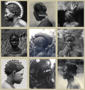 A collage of traditional Igbo women's hairstyles showcasing the diversity and complexity of these styles. Each photograph captures a different style, reflecting the cultural identity, social status, beauty standards, and artistic expression within the Igbo community.