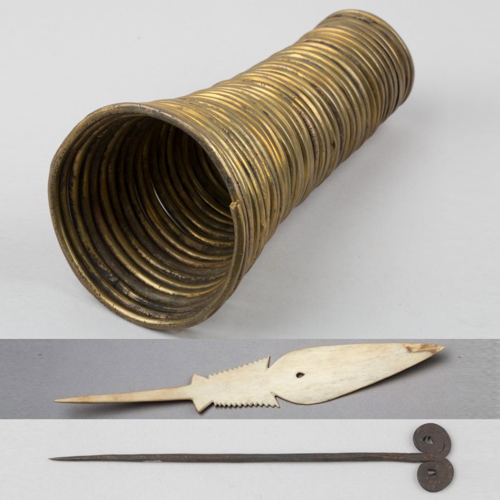 Accessories of a young Igbo girl: leg anklet, bone hair ornament, hair pin. Etnografiska Museet, Sweden. These items represent the cultural heritage and traditional adornments of the Igbo people, reflecting their artistry and customs in personal decoration.