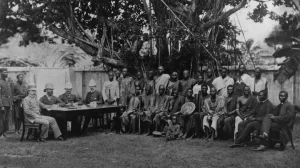 Colonial Encounters: British Officers and Igbo Leaders in a Strategic Meeting, Reflecting the Divide-and-Rule Tactics Employed During Colonial Rule. (Hulton Archive/Getty Images)